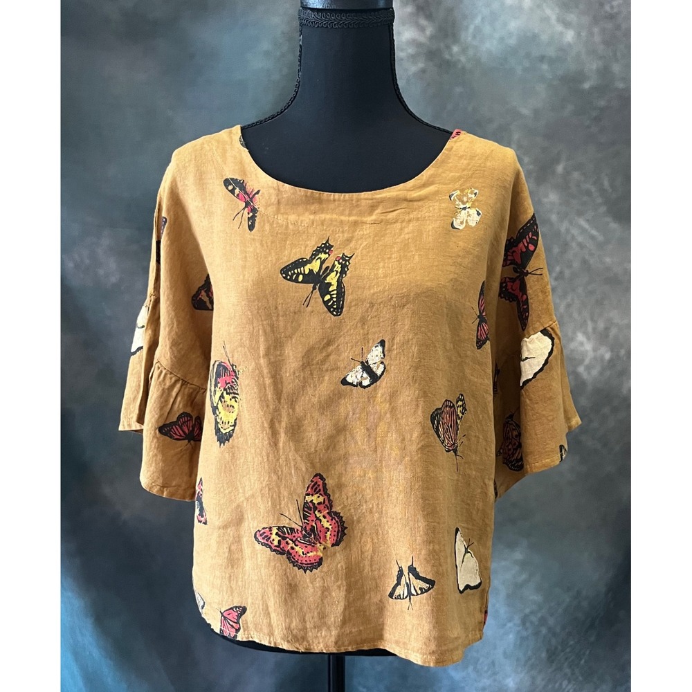 Viola Borghi Italy 100%‎ Linen Butterfly Print Flutter Sleeve Top Women's